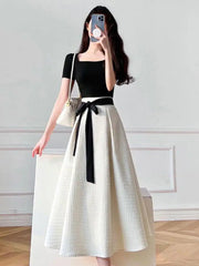 Aiertu Summer Bandage Party Short Sleeve Two Piece Set Women Square Collar High Waist  Princess French Elegant Black Tops White Skirts Aiertu