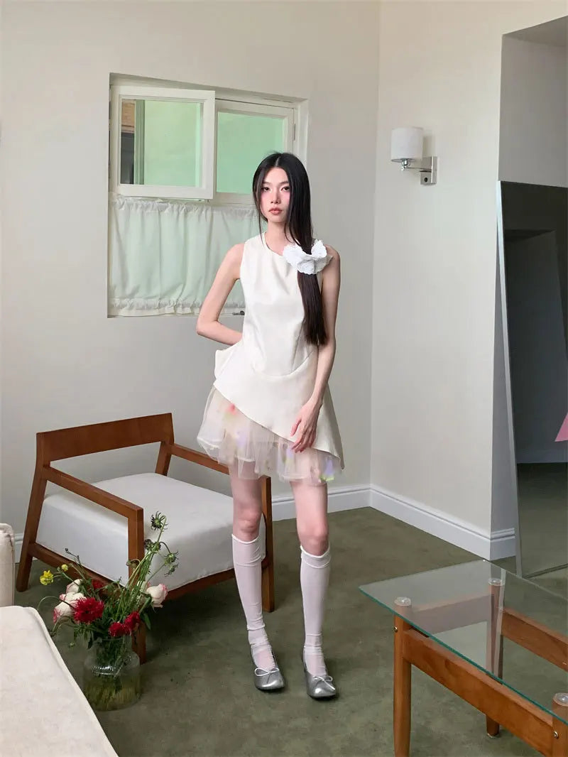 AIERTU  -  Women Dress Mesh Splicing Irregular Edge Design Sleeveless Vest Style Round Neck Solid Color Simple Slim Temperament Short Dress Aiertu