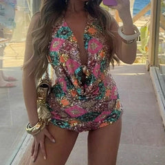 AIERTU  -  Women Shiny Sequins Shorts Set Beach Vacation Backless Halter Crop Top + Micro Bodycon Shorts Festival Rave Club 2 Piece Outfit Aiertu