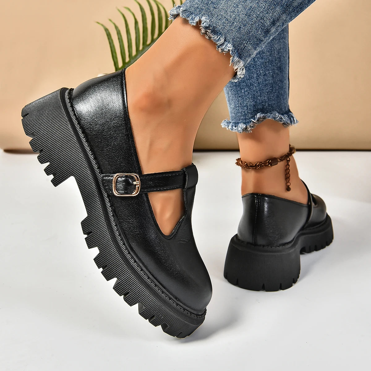 Solid Color Mary Jane Platform Shoes Woman Buckle Strap Pu Leather Casual Shoes Woman Thick Sole Student Jk Uniform Shoes Aiertu