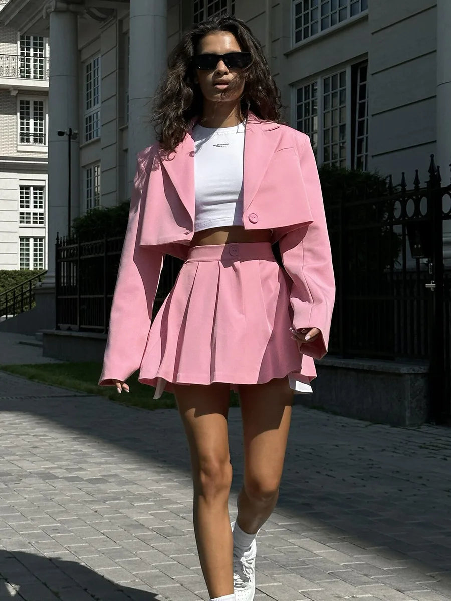 Aiertu Women Stylish Short Blazer Sets Crop Blazer Jackets & Pleated Mini Skirt 2 Pieces Sets Two Piece Sets Women Outifits Aiertu