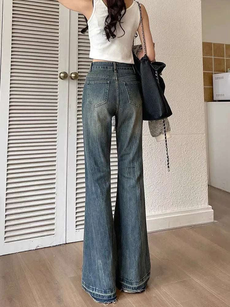 Aiertu Fashion Slim Casual Vintage Blue Women‘s Jeans Winter American Style Chic Office Ladies Pockets Basic Female Flare Pants Aiertu