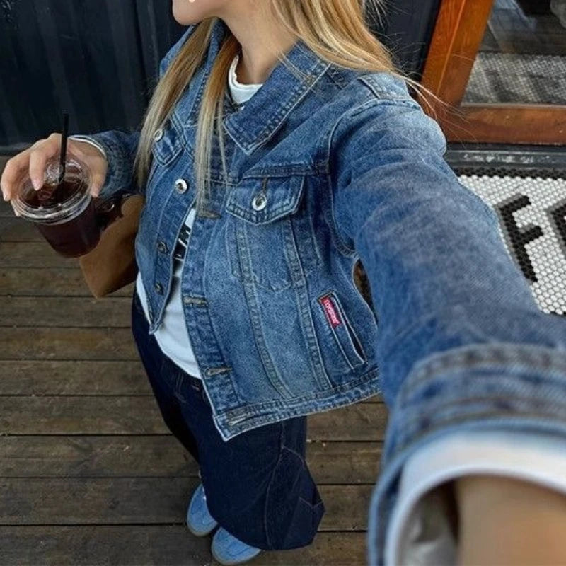 AIERTU  -  Washed Retro Slim Denim Jacket Jacket Women's Lapel Versatile Splicing New Top Aiertu