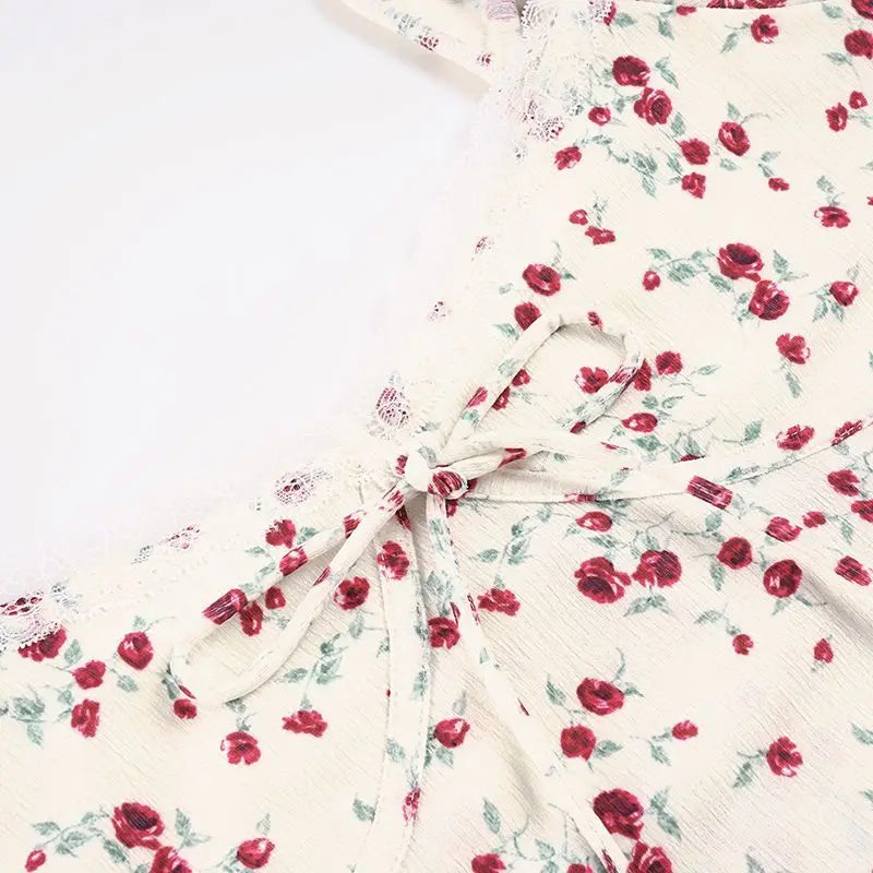 AIERTU  -  French Retro Rose Floral Dress with Waist and Thin Folds Pure Lust Sweet and Spicy Temperament Long Dress Aiertu