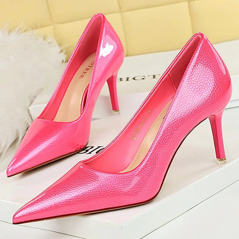 Shoes Crystal Patent Leather Women Pumps Pointed High Heels Women Shoes Stilettos Kitten Heels Female Shoes Plus Size 43 Aiertu