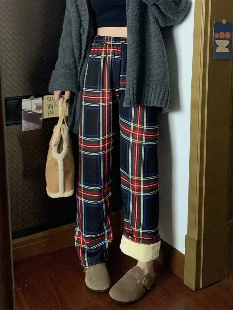 Aiertu Fashion Warm Plush Pants Cashmere Thick Plaid Ladies Winter Casual Loose Wide-legged Pants Korean Streetwear Students Aiertu