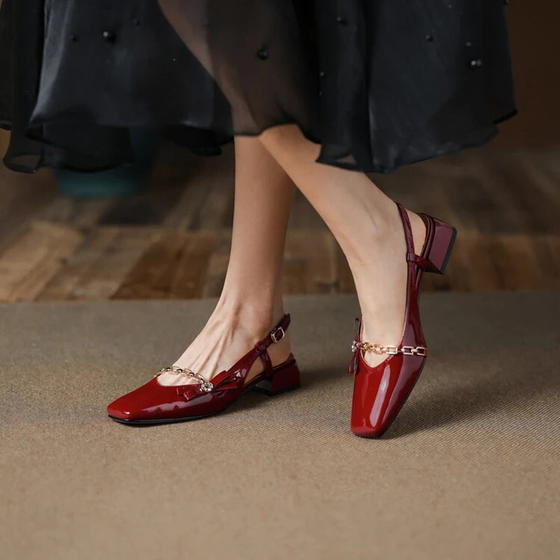 Aiertu Summer Shoes Women Square Toe Chunky Heel Sandals Women Patent Leather Solid Chain Low Heel Wine Red/Beige Shoes for Women Aiertu