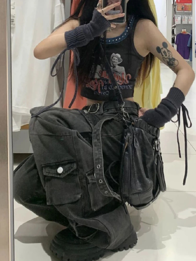 Aiertu Y2k Cargo Jeans Pants Women Rave Pants Street Oversize Loose Wide-leg Pockets Female Pant Vintage Hip Hop Denim Trousers Aiertu