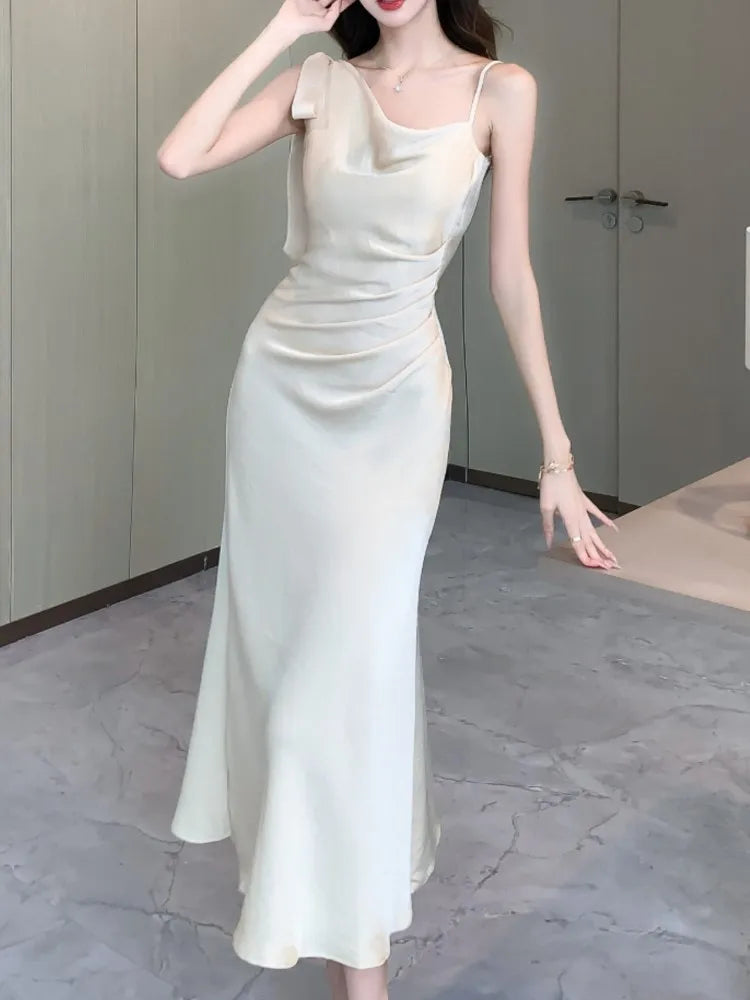 Aiertu Spaghetti Strap Women Fashion Satin Midi Dress Sleeveless Casual Solid Chic Bodycon Slim Party Dresses Female Vestidos New Aiertu