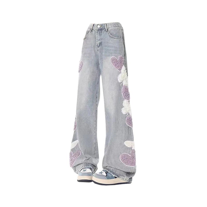 Aiertu Women Jeans with Heart Vintage Y2k 90s Aesthetic Baggy Denim Trouser 2000s Harajuku Kawaii Wide Cowboy Pants Trashy Clothes Aiertu