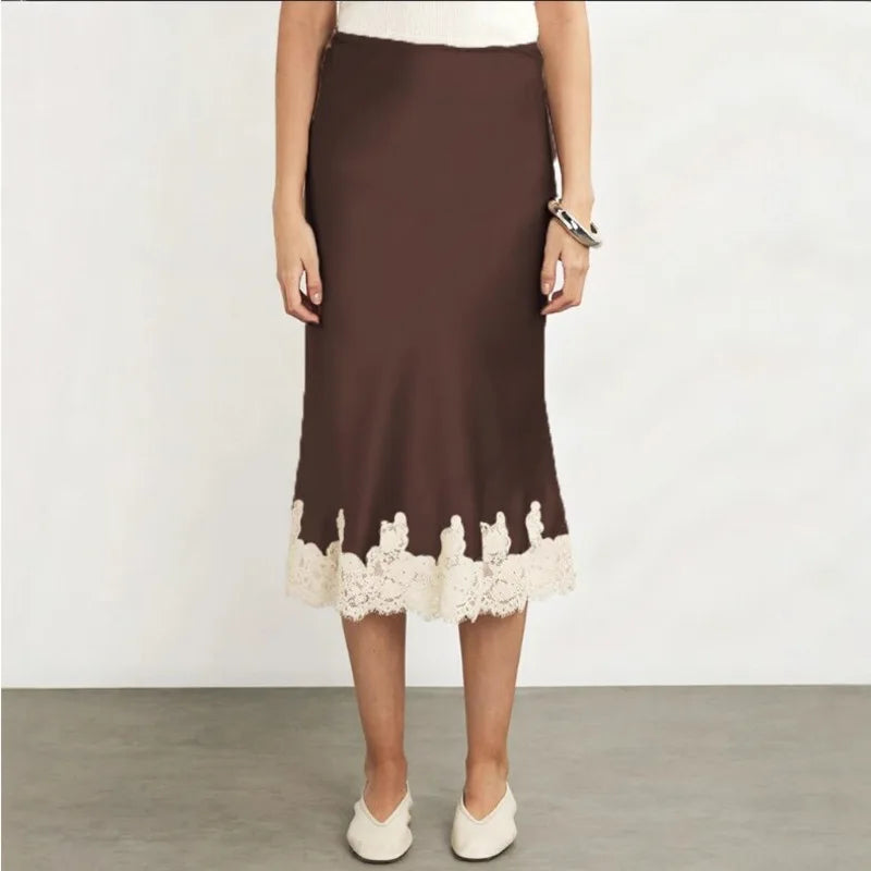 AIERTU  -  New Lace Patchwork Silk Surface Half Skirt Draped Glossy A-line Mid-length Skirt Women Spring Autumn Elegant Demeanor Lace Skirt Aiertu