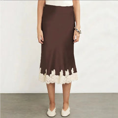 AIERTU  -  New Lace Patchwork Silk Surface Half Skirt Draped Glossy A-line Mid-length Skirt Women Spring Autumn Elegant Demeanor Lace Skirt Aiertu