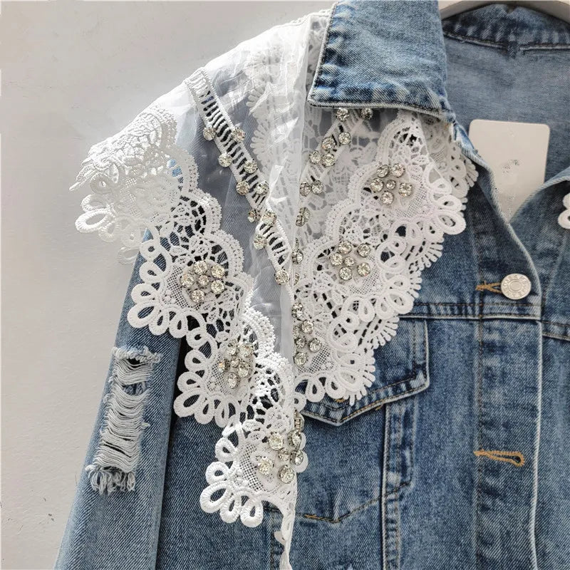AIERTU  -  Lace Patchwork Denim Jackets Women Spring Autumn Korean Fashion Vintage Jaqueta Feminina Sweet Elegant Outwears Aiertu