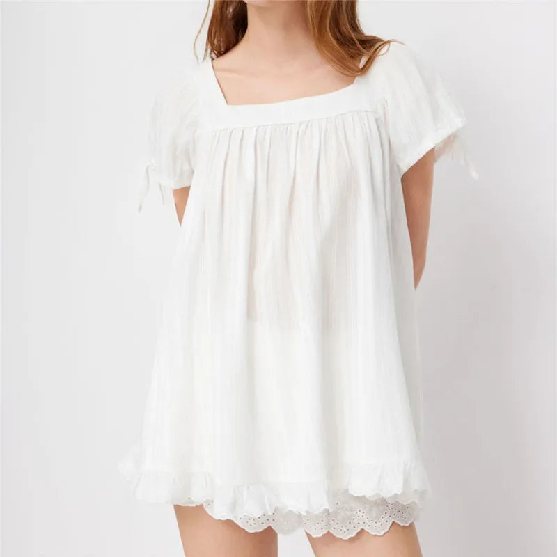 AIERTU  -  Women's Square Neck Puff Sleeve Blouse Loose Fit Ruffle Hem Lace Trim Babydoll Top for Casual Summer Beach and Vacation Outfits Aiertu