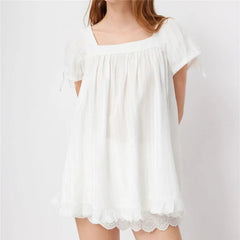 AIERTU  -  Women's Square Neck Puff Sleeve Blouse Loose Fit Ruffle Hem Lace Trim Babydoll Top for Casual Summer Beach and Vacation Outfits Aiertu