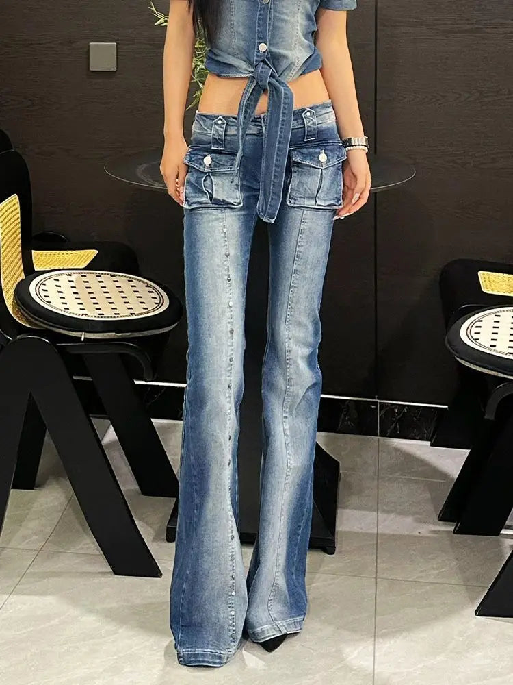 AIERTU  -  Vintage Sheath High Waist Flared Jeans American Vintage Sexy Y2K Pants Women's Hight Street 2000s Blue Denim Trouser Aiertu