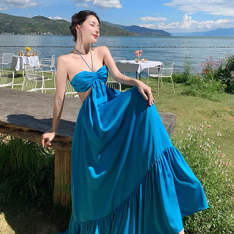 Aiertu Summer New Women's Blue Sexy Club Hanging Neck Hollowed Backless Pleated Long Dress Birthday Evening Party Bandage Sundress Aiertu