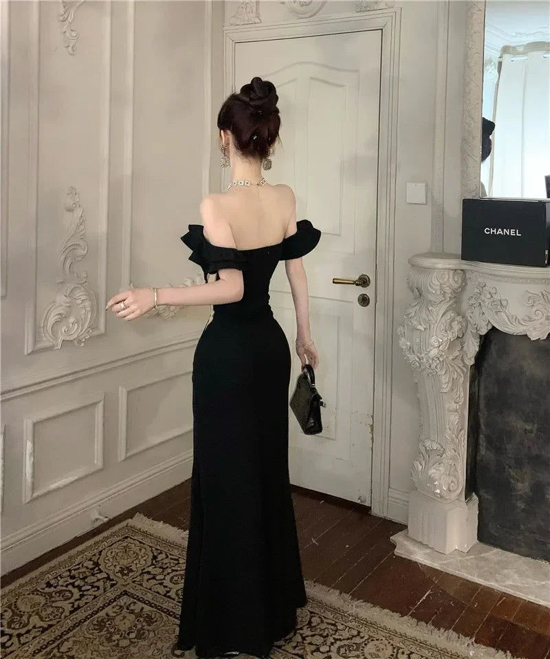 Aiertu Ruffled One Shoulder Strapless Evening Dress Women 2024 Spring Summer Elegant High Waist Slim Wrapped Slit Long Dresses Aiertu