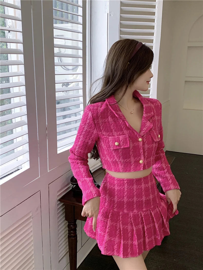 Aiertu Fall Small Fragrance Vintage Tweed Two Piece Set Women Crop Top Woolen Short Jacket Coat + Mini Skirts Sets Sweet 2 Piece Suits Aiertu