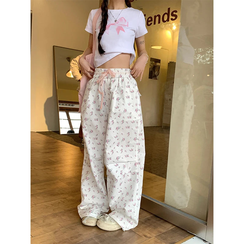 Aiertu Women's Flower Print Pants Y2k 2000s Fashion High Waist Baggy Trousers Harajuku Wide Leg Pants 90s Aesthetic Fashion Clothes New Aiertu
