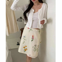 AIERTU  -  Summer Korean High Street Casual Mini Skirt Women's Botanical Floral Print Drawstring Tie Skirt Vintage Elegant Holiday Skirt Aiertu