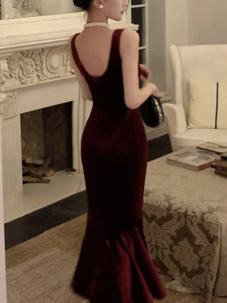 AIERTU  -  French Style Vintage Wine Red Camisole Long Dress Elegant Women Spring Autumn Solid Slim Mermaid Ladies Evening Party Robe New Aiertu