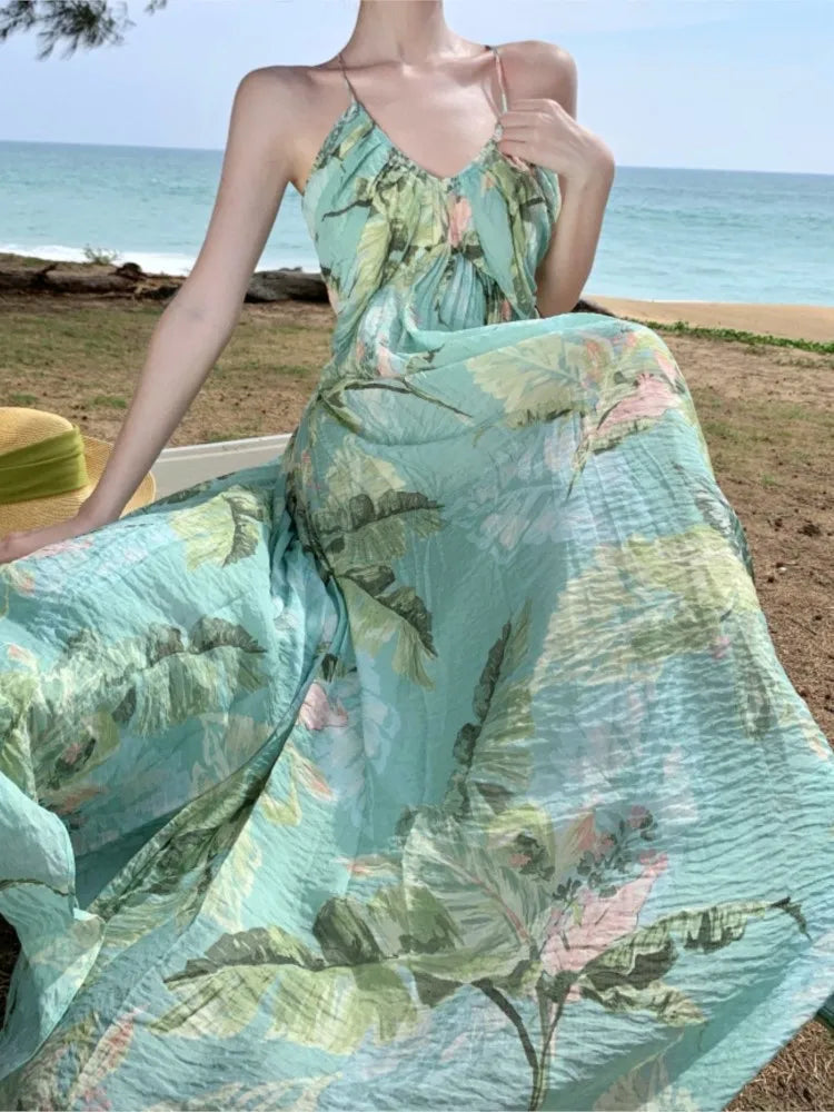 Aiertu Elegant and Chic Women Fashion New Casual Midi Summer Dress Halter A-Line Floral Print Beach Holiday Robe Female Clothes Mujers Aiertu