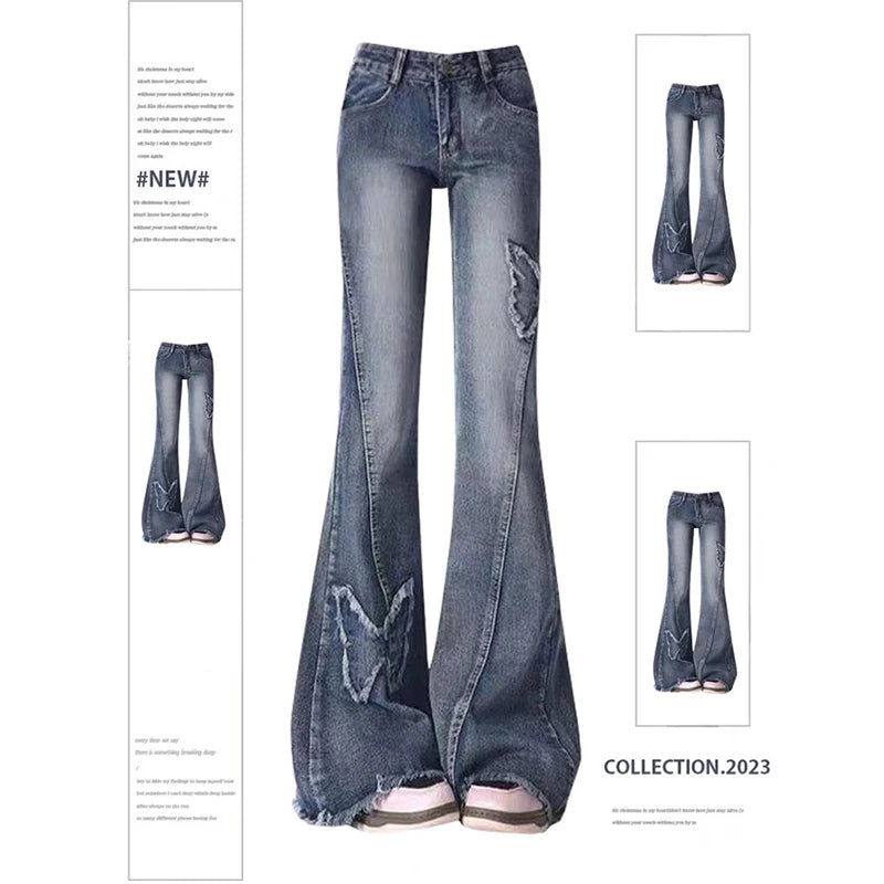 Aiertu Women's Blue Flare Jeans Baggy Vintage 90s Aesthetic Low Waist Cowboy Pants Harajuku Denim Trousers Y2k Trashy Emo 2000s Clothes Aiertu