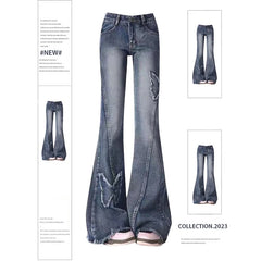 Aiertu Women's Blue Flare Jeans Baggy Vintage 90s Aesthetic Low Waist Cowboy Pants Harajuku Denim Trousers Y2k Trashy Emo 2000s Clothes Aiertu