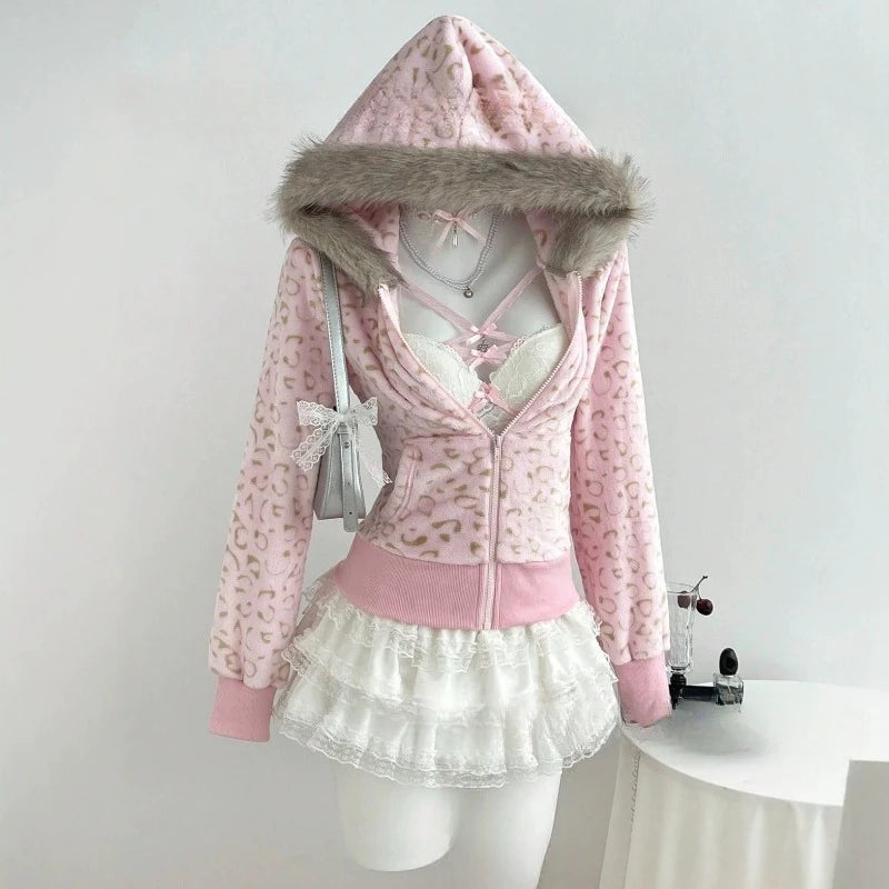 AIERTU  -  Y2k Women's Leopard Zip Up Hoodie Faux Fur Collar Plush Sweatshirts Slim Fit Cropped Vintage Warm Autumn Winter Jackets Aiertu