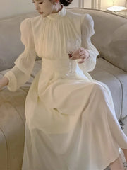 Aiertu Fashion New Women Elegant Casual Long Dress Autumn Vintage A-Line Solid Party Birthday Dresses Female Clothes Robe Vestidos Aiertu