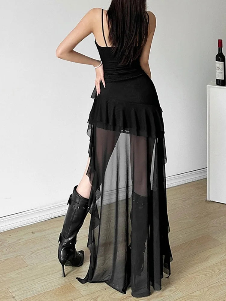 Y2k Aesthetic Irregular Ruffled Dress Sexy Backless Harajuku Pleated Dresses Streetwear Sleeveless Bodycon Vestido De Mujer Aiertu