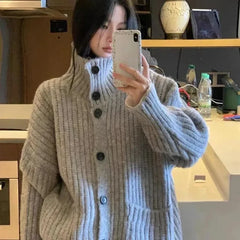 Aiertu Loose Lazy Sweater Women Twist Fashion Knit Autumn Winter Warm Cardigan Harajuku Stand Collar Gray Vintage Female Jumpers aiertu