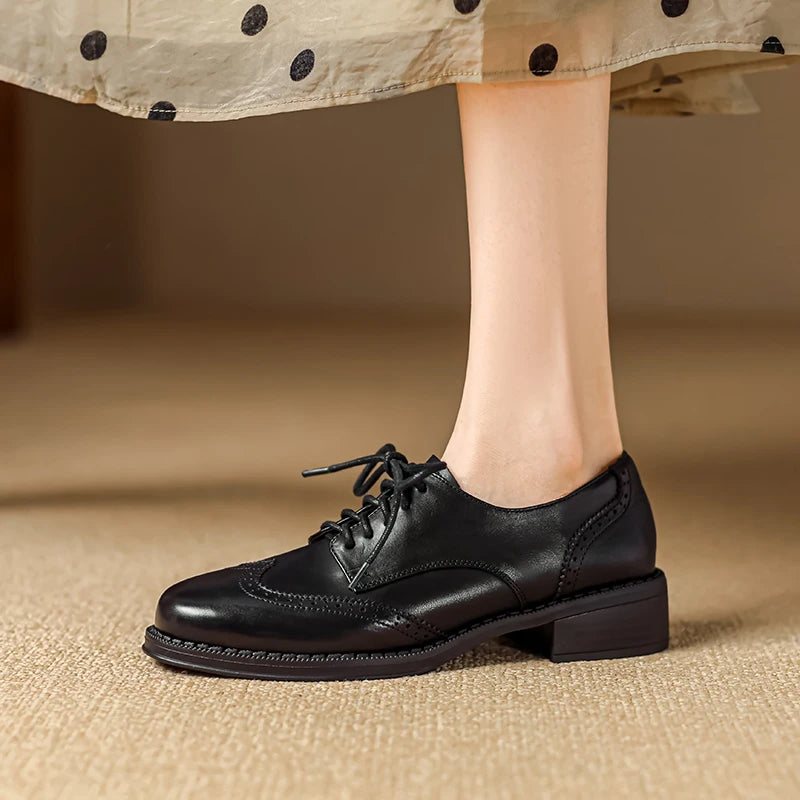 Women Pumps Oxfords Autumn Shoes for Woman Genuine Leather Brogues Retro Lace Up Loafers Casual Handmade Black Girls Shoes Aiertu
