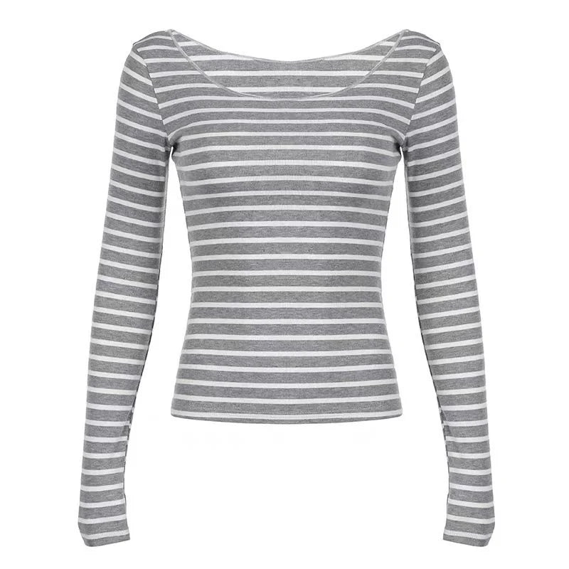 Aiertu Y2K Grunge Emo 00s Vintage T-Shirt Black Grey Striped Off Shoulder Long Sleeve Jumper Top Chic Women Autumn Retro Goth Tee Shirt aiertu