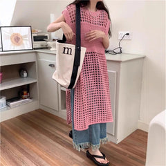 AIERTU  -  Spring New French Solid Hollow Out Knit Dress Women Mid Long Loose Sleeveless Vest Outerwear Layered Casual Midi Dress Aiertu