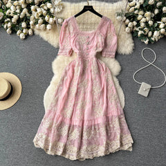 Aiertu  High Quality Lace Embroidery Long Dress Women Short Sleeves Mesh A Line Sundress French Vintage Floral Midi Dress Aiertu