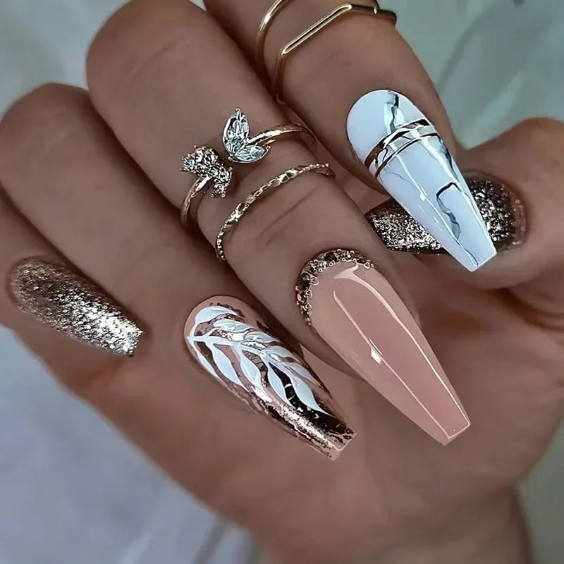 Aiertu 24pcs Artifical Bails With Glue Fake Nail Tips With Design Detachable Press On Nails Long Fake Nail Finished Nail Piece Sticker Aiertu