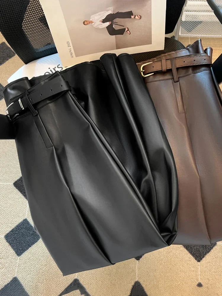 Aiertu Women's A-line Brown Pleated PU Skirt Vintage 90s Aesthetic Y2k Grey Long Skirt Harajuku Korean Skirts 2000s Clothes aiertu