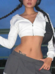 Aiertu FALL OUTFITS Y2K Aesthetic Vintage Basic Zip Up White Cropped Hoodies 2000s Fashion Big Pockets Front Hooded Long Sleeve Sweats Cute aiertu