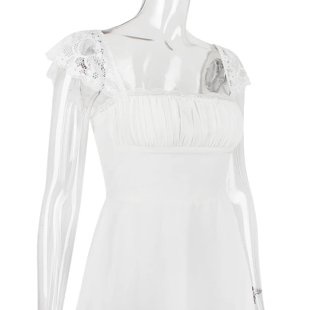 AIERTU  -  Lace Square Collar U Neck Mini Dress Skirt Straps Suspenders Slim Aline Backless White French Sweet Dress Summer Sleeveless Aiertu