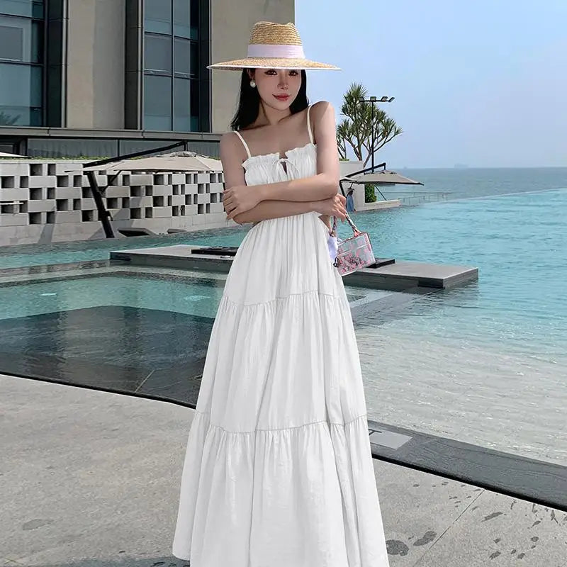 Aiertu Women Sleeveless Slip Long Dress New Summer Elegant Boho Holiday Beach Dress Solid V-neck Pleated Bandage Dresses Backless Aiertu