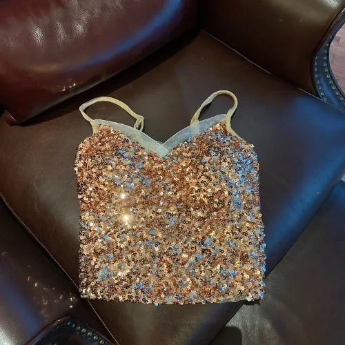 Sexy Sequin Party spaghetti Croset Bustier backless Slim Tanks and Camis Strap Glitter Crop Top Fashion Summer Women Clothes Y2k Aiertu