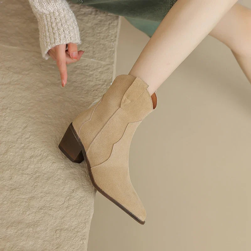 Aiertu Winter Classic Chelsea Boots for Woman Cow Suede Pointy Toe Wedge Heel Ankle Boots Simple Comfortable Cowboy Boots Female Aiertu
