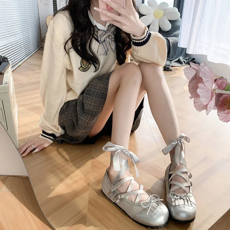 Aiertu Back  to school 2024 Spring Women Ballet Flats Fashion Elegant Cross Strap Shoes Ladies Comfort Street Style Soft Sole Ballerinas Shoes Woman Aiertu