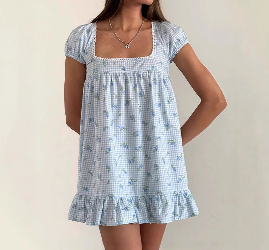 AIERTU  -  Summer Fashion Floral Print Puff Sleeves Square Collar Casual Dress for Women Aiertu