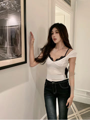Aiertu Women Vintage Tees Chic Short Sleeve Soft Square Collar Crop Top Casual Loose Fashion Office Lady Lace T-Shirts Coquette Grunge Aiertu