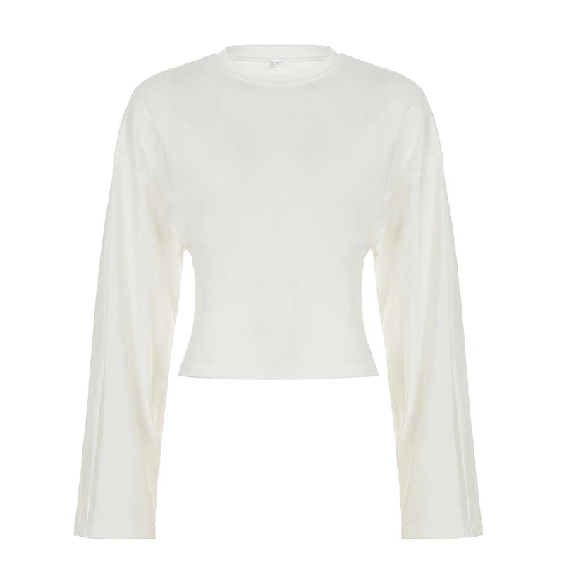 AIERTU - Casual Simple Long Sleeve Round Collar Solid Streetwear Women T-shirts Loose Early Autumn Basic Club Tops Clothing  Aiertu