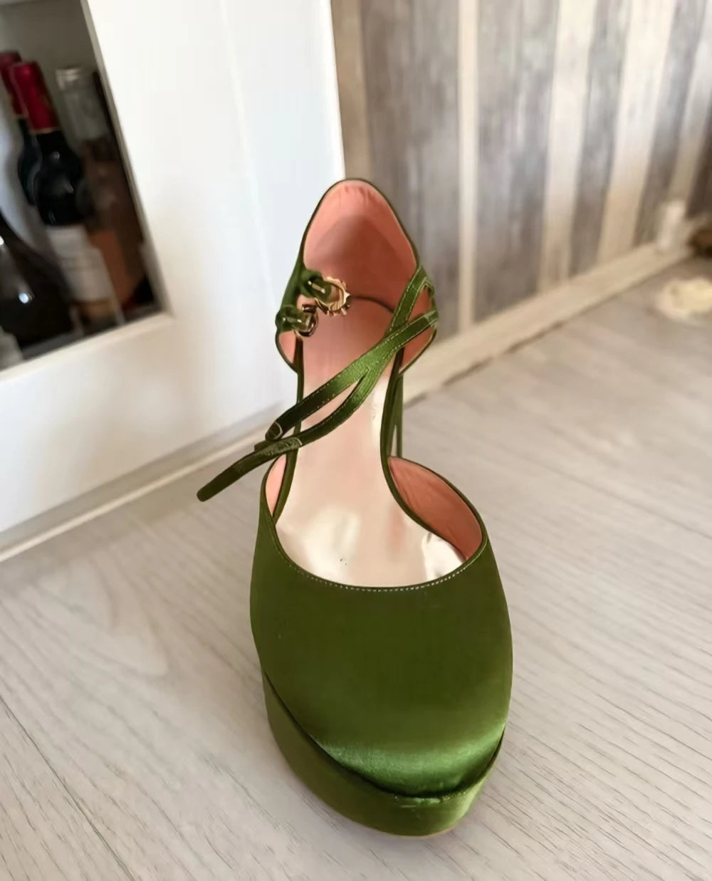 AIERTU  -  Elegant Lady Wedding Shoes Retro Green Satin Platform Round-Toe Chunky Heels Shoes Gold Buckle Double Ankle Straps Design Aiertu