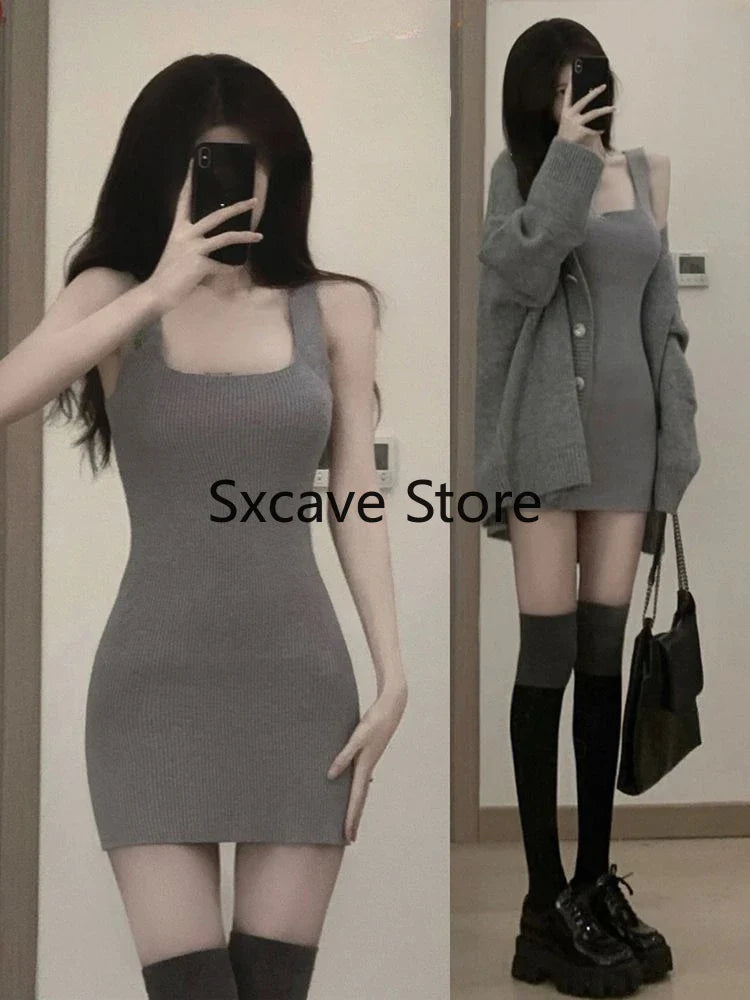 Aiertu Gray 2 Piece Dress Set Women Casual Long Sleeve Cardigan + Bodycon Strap Sweater Dress Evening Party Knitted Suit Aiertu